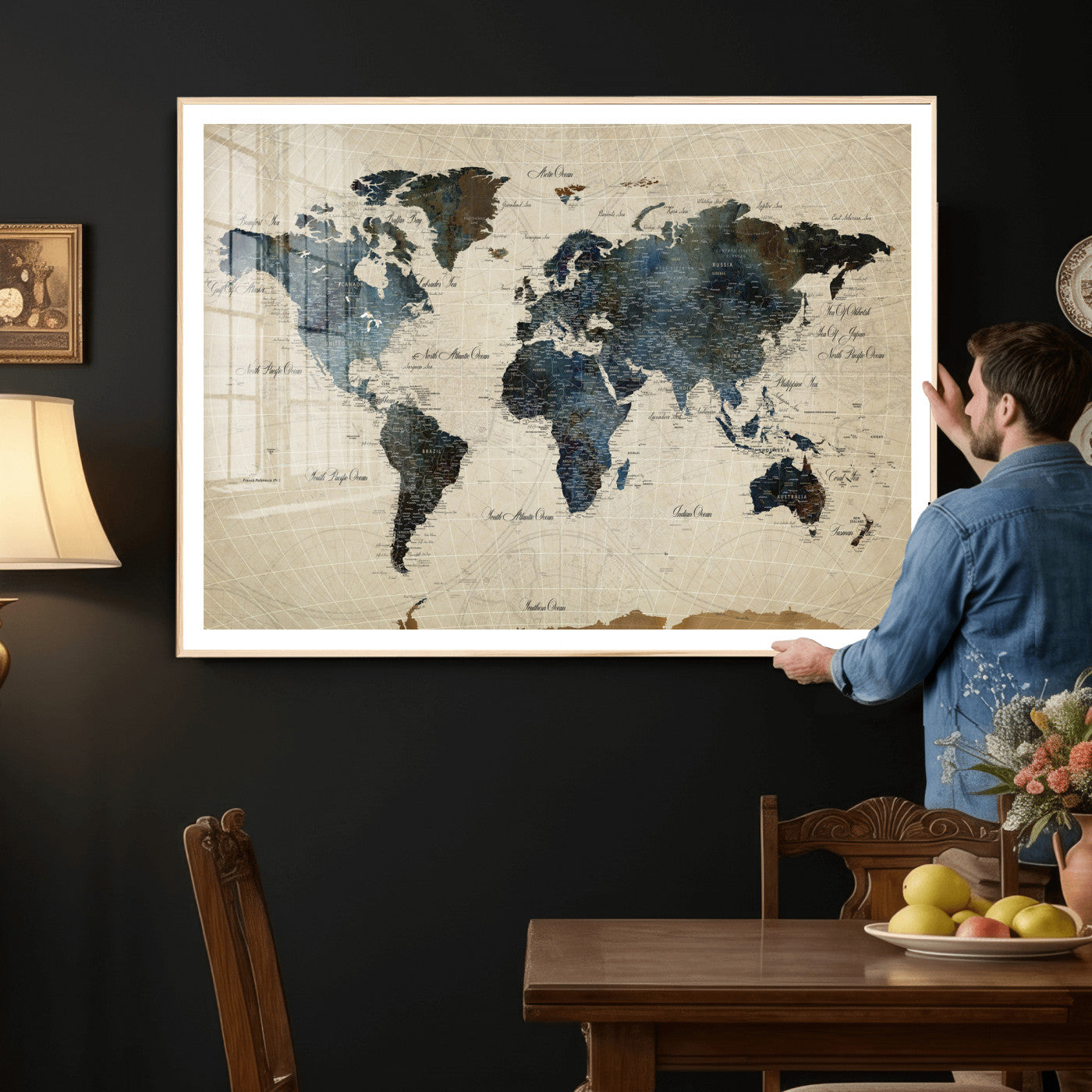 72927803-MGV-CV-36X24 - World Map Wall Art Canvas Print, Modern Decorative Framed Map Artwork Prints for Living Room, Office, Bedroom Wall Decor