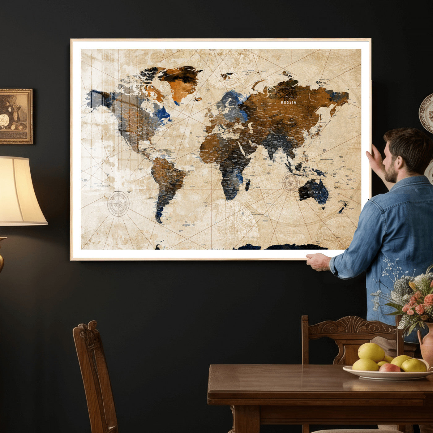15727090-MGV-CV-36X24 - World Map Wall Art Canvas Print, Modern Decorative Framed Map Artwork Prints for Living Room, Office, Bedroom Wall Decor