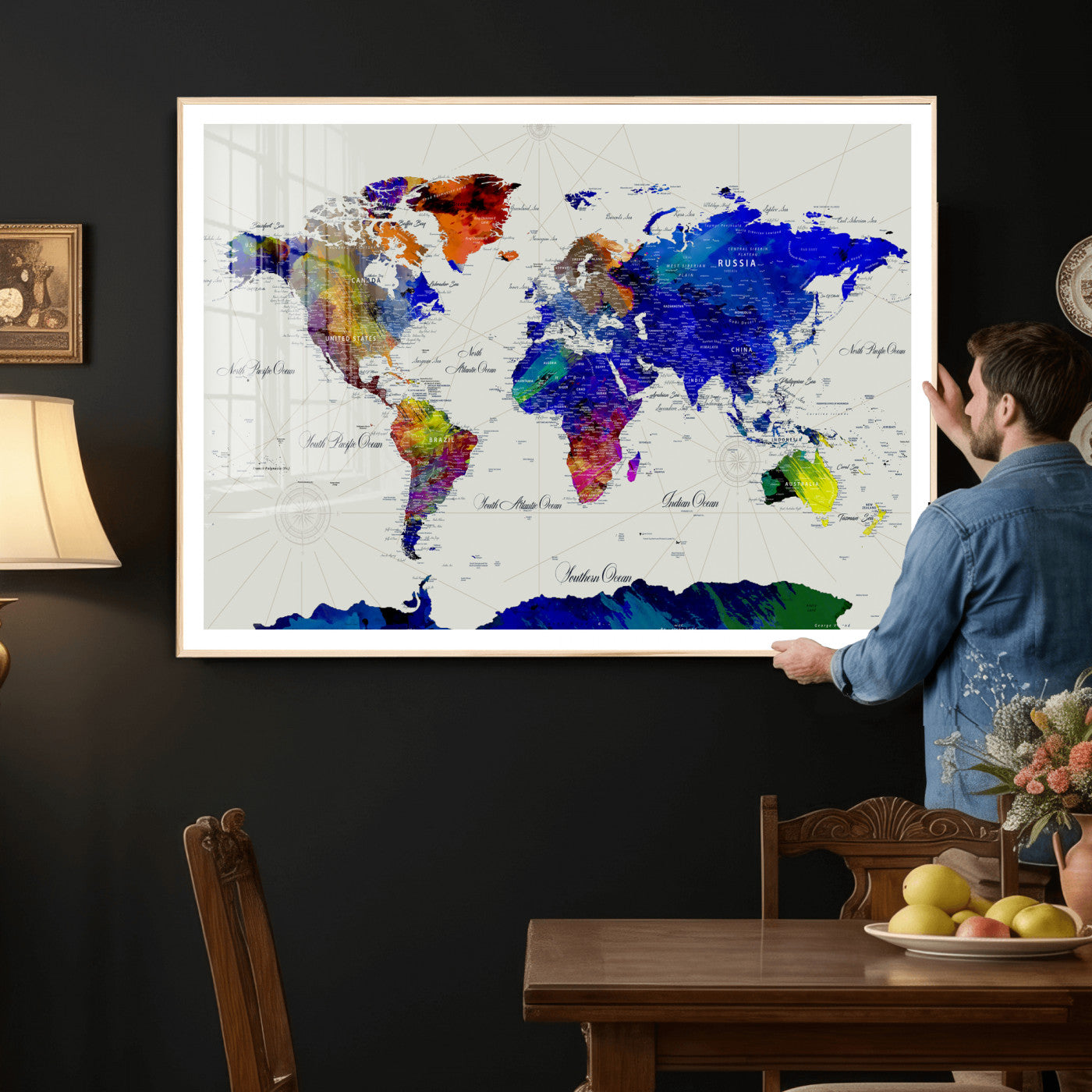 49670038-MGV-CV-36X24 - World Map Wall Art Canvas Print, Modern Decorative Framed Map Artwork Prints for Living Room, Office Decor