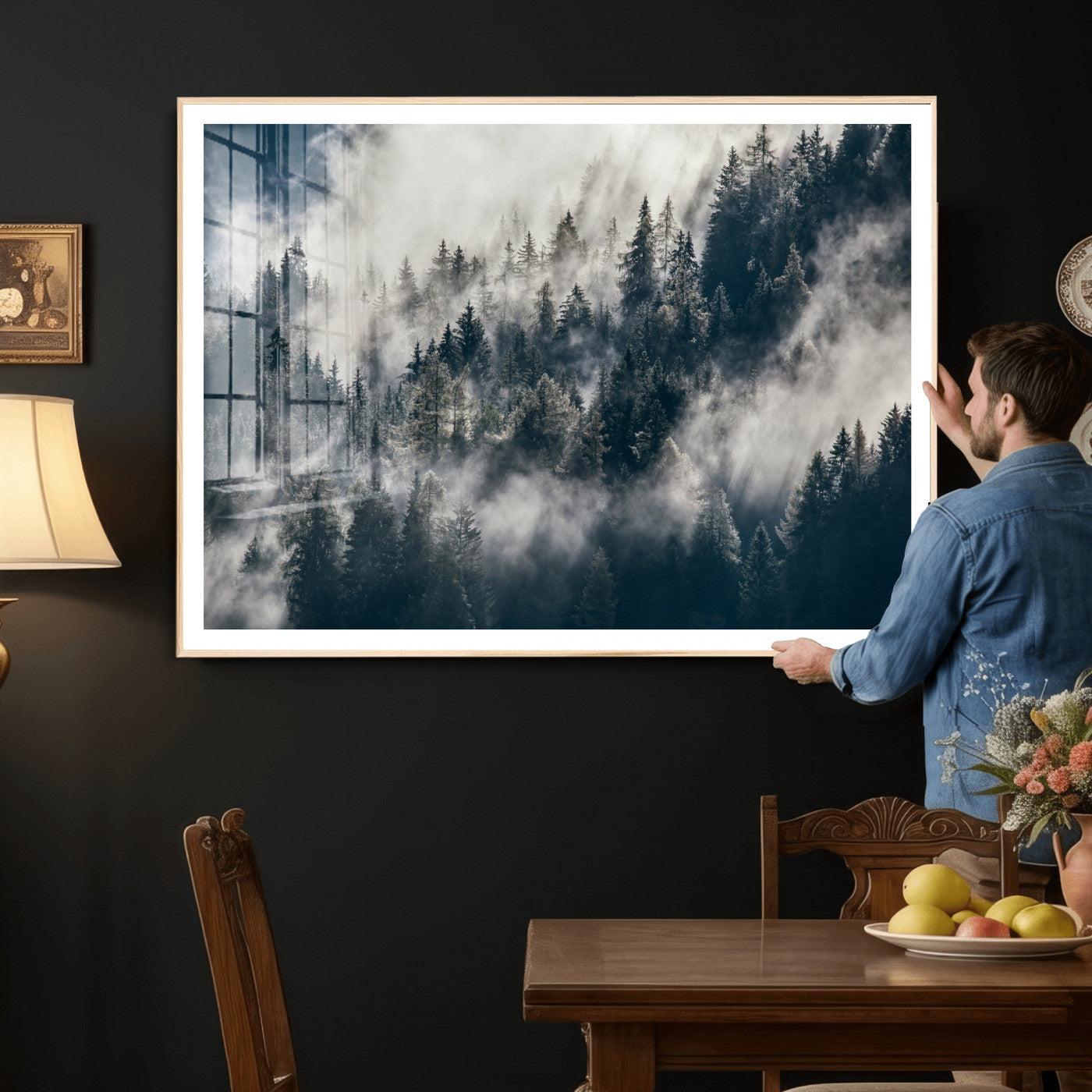 63405824-MGV-CV-36X24 - Foggy Mountain Forest Canvas Print, Misty Pine Trees Nature Wall Art, Framed Canvas Ready to Hang