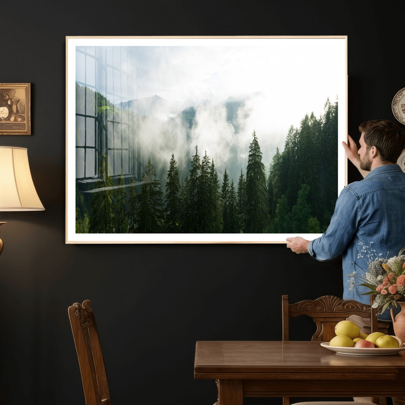 67174129-MGV-CV-36X24 - Misty Mountain Forest Canvas Print, Foggy Pine Trees Nature Wall Art, Framed Canvas Ready to Hang