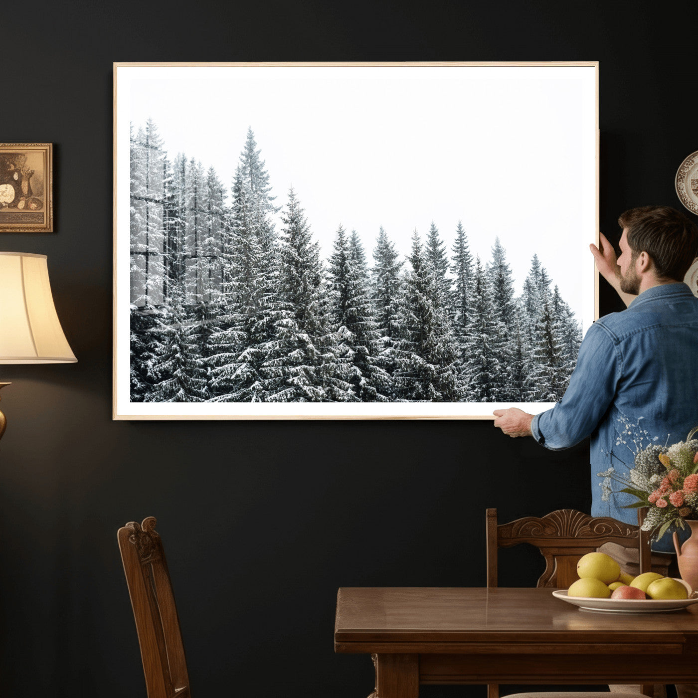 69566941-MGV-CV-36X24 - Misty Mountain Forest Canvas Print, Foggy Pine Trees Nature Wall Art, Framed Canvas Ready to Hang