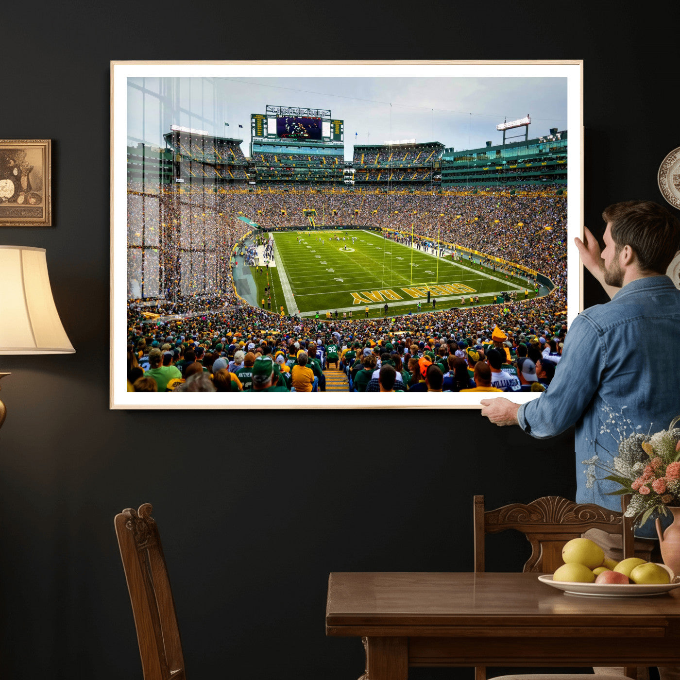 56521752-MGV-CV-36X24 - Green Bay Packers Stadium Wall Art Canvas Print, Lambeau Field Football Stadium Artwork, Framed Wall Art Ready to Hang
