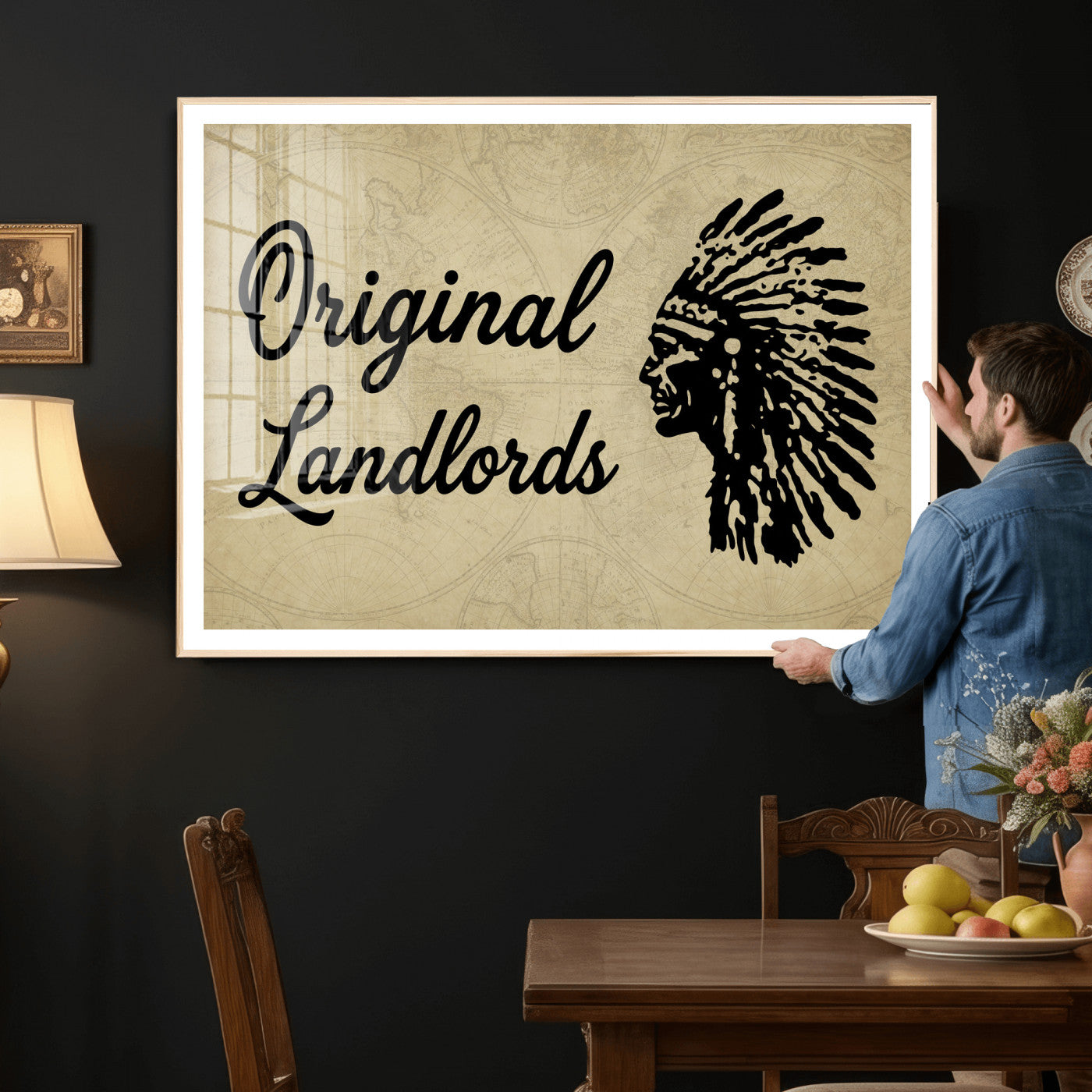 56844712-MGV-CV-36X24 - Original Landlords Wall Art Canvas Print, Native American Silhouette Artwork, Framed Wall Art Ready to Hang