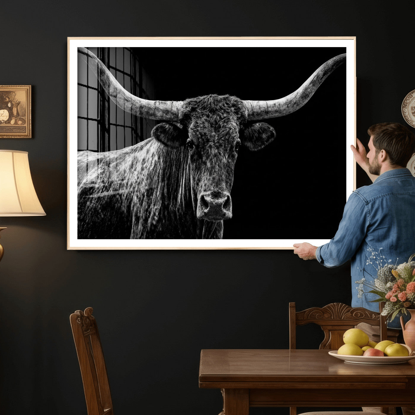 86568508-MGV-CV-36X24 - Vintage Texas Longhorn Bull Wall Art Canvas Print, Texas Cow Portrait Print, Framed Bull Wall Art Ready to Hang