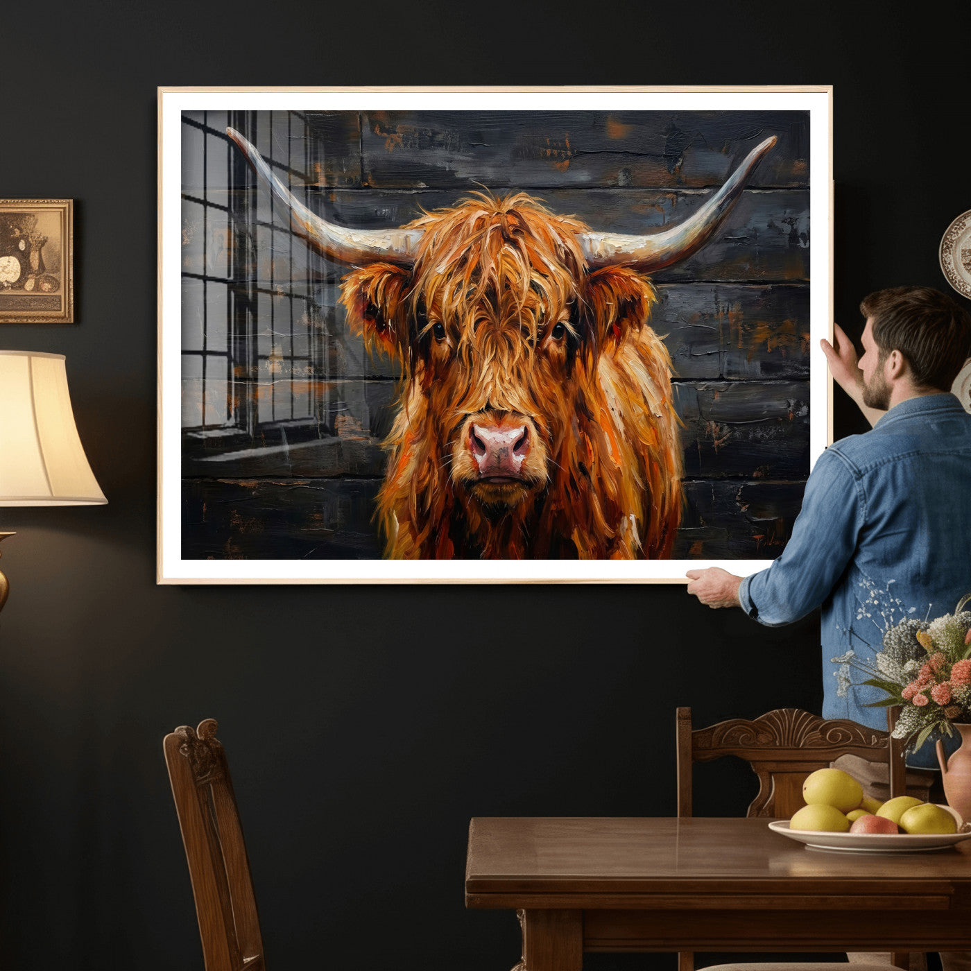 32536611-MGV-CV-36X24 - Highland Cow Wall Art Canvas Print, Rustic Farm Animal Painting, Framed Wall Art Ready to Hang