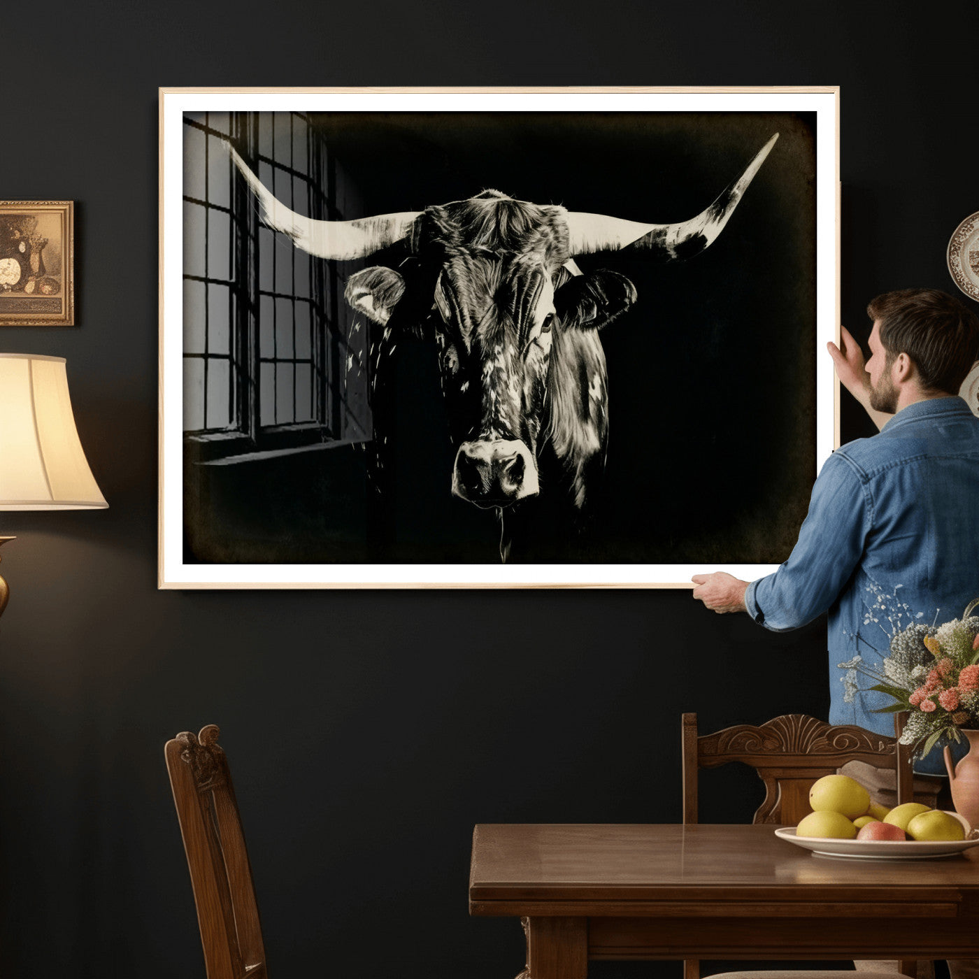 91364114-MGV-CV-36X24 - Black Bull Wall Art Canvas Print, Texas Longhorn Portrait Print, Framed Wall Art Ready to Hang