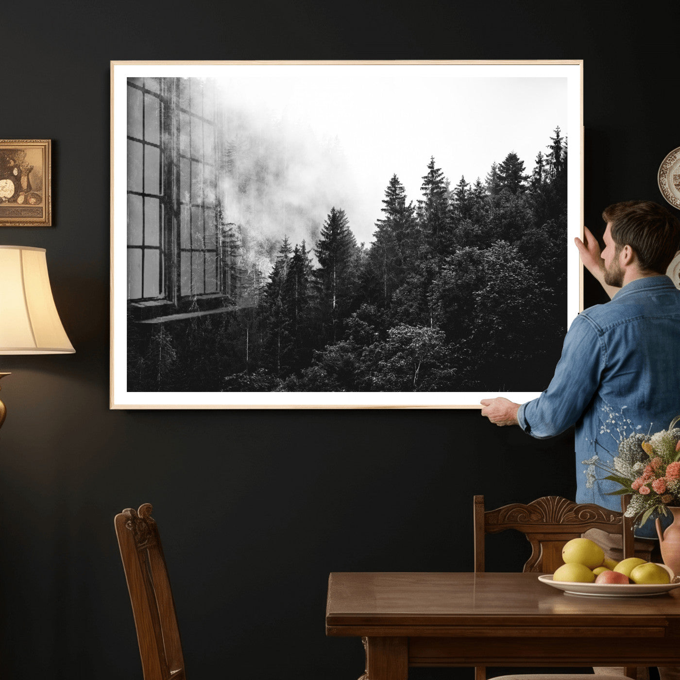 98764151-MGV-CV-36X24 - Black and White Forest Wall Art Canvas Print, Misty Pine Tree Landscape Photography, Framed Wall Art Ready to Hang