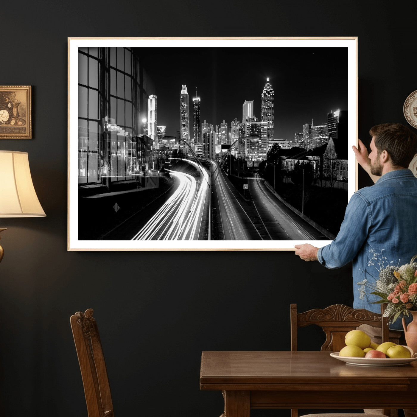 80330064-MGV-CV-36X24 - Atlanta Skyline Wall Art Canvas Print, Atlanta Downtown Night Cityscape Print for Modern Urban Wall Decor