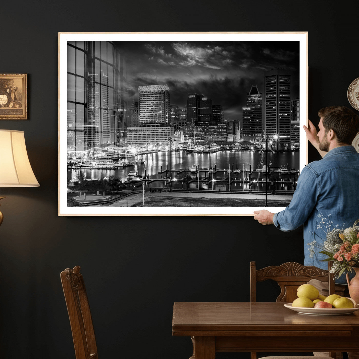 79755655-MGV-CV-36X24 - Baltimore Skyline Wall Art Canvas Print, Baltimore Downtown Night Cityscape Print for Modern Urban Wall Decor