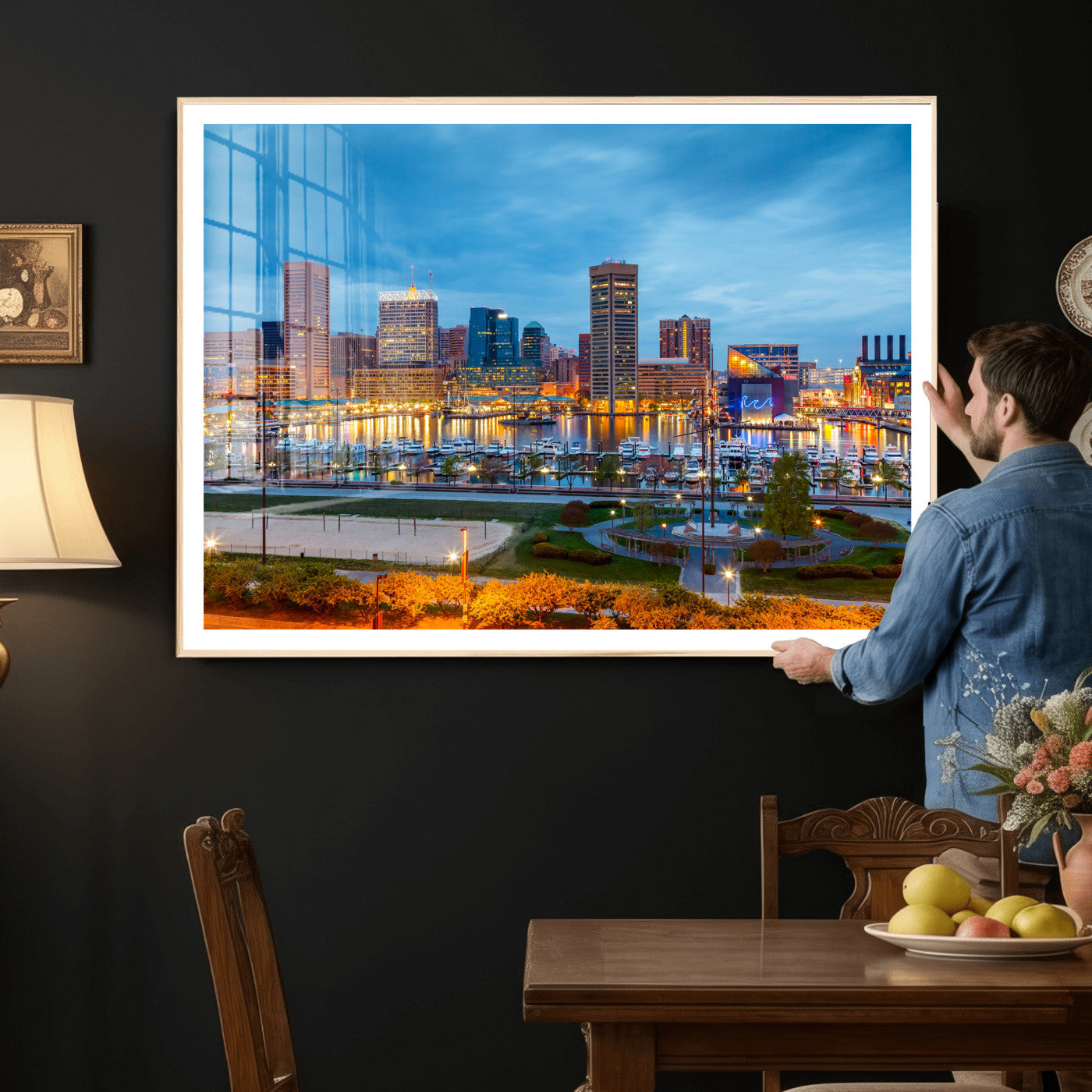 78635089-MGV-CV-36X24 - Baltimore Skyline Wall Art Canvas Print, Baltimore Downtown Night Cityscape Print for Modern Urban Wall Decor