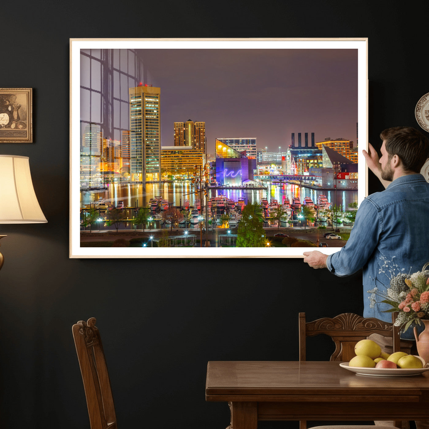 42654823-MGV-CV-36X24 - Baltimore Skyline Wall Art Canvas Print, Baltimore Downtown Night Cityscape Print for Modern Urban Wall Decor