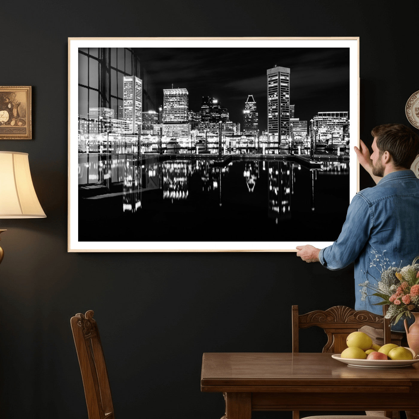 69187681-MGV-CV-36X24 - Baltimore Skyline Wall Art Canvas Print, Baltimore Downtown Night Cityscape Print for Modern Urban Wall Decor