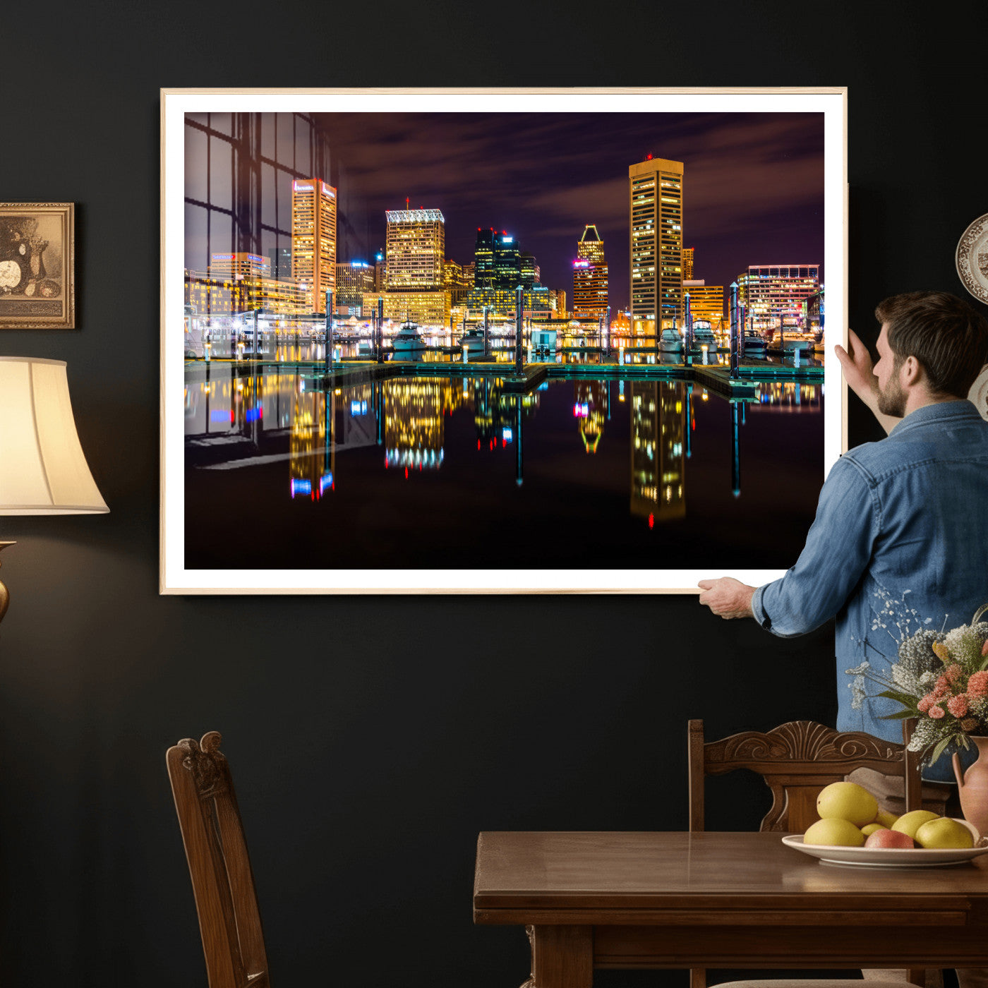 38201692-MGV-CV-36X24 - Baltimore Skyline Wall Art Canvas Print, Baltimore Downtown Night Cityscape Print for Modern Urban Wall Decor