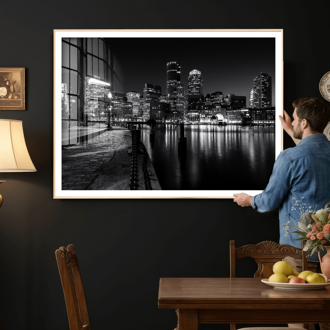 53082656-MGV-CV-36X24 - Boston Wall Art Canvas Print, Boston City Downtown Night Cityscape Print for Modern Urban Wall Decor