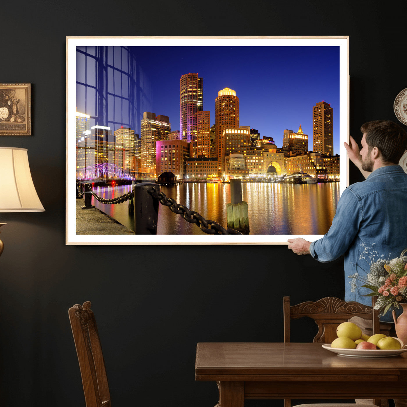 56611117-MGV-CV-36X24 - Boston Wall Art Canvas Print, Boston City Downtown Night Cityscape Print for Modern Urban Wall Decor