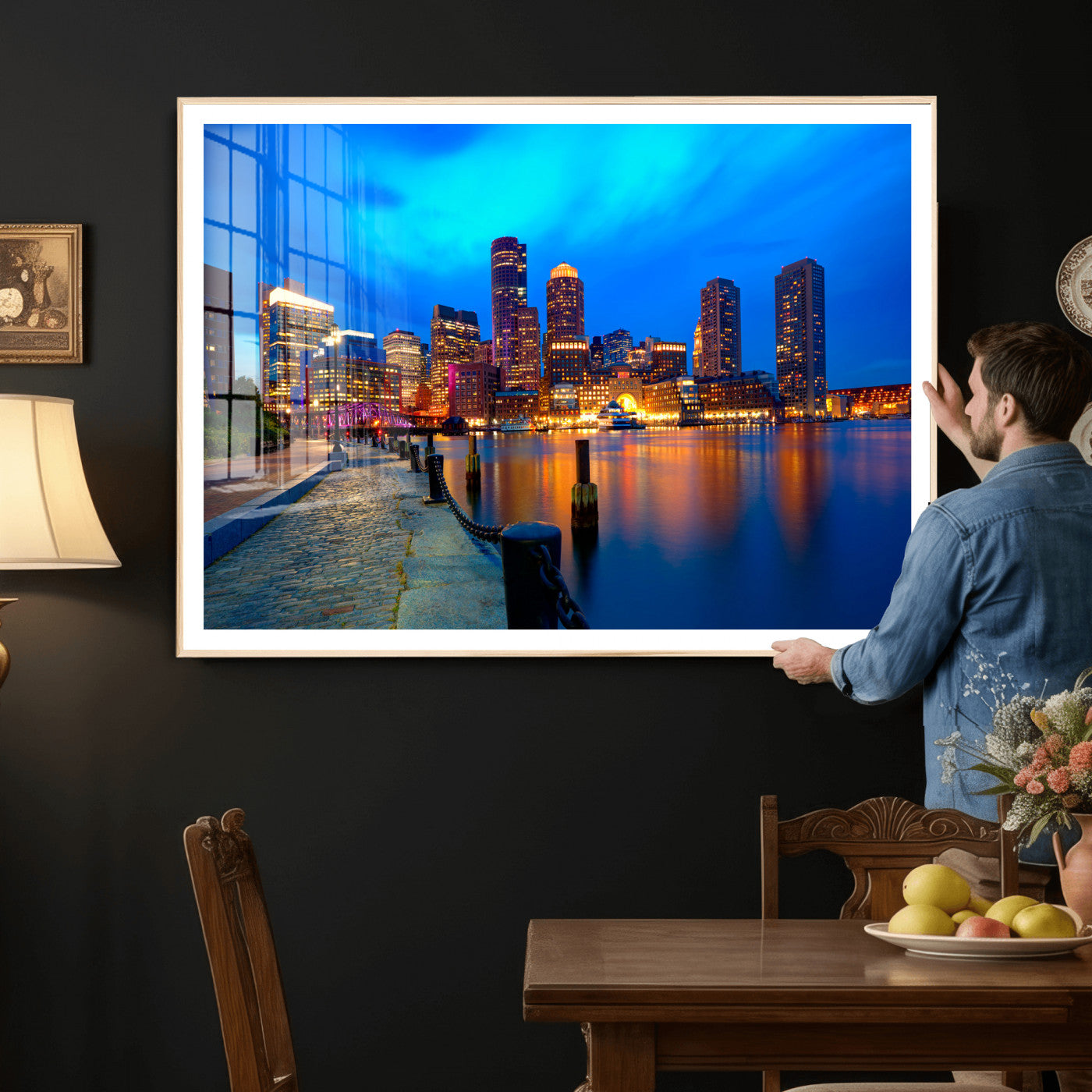 69619565-MGV-CV-36X24 - Boston Wall Art Canvas Print, Boston City Downtown Night Cityscape Print for Modern Urban Wall Decor