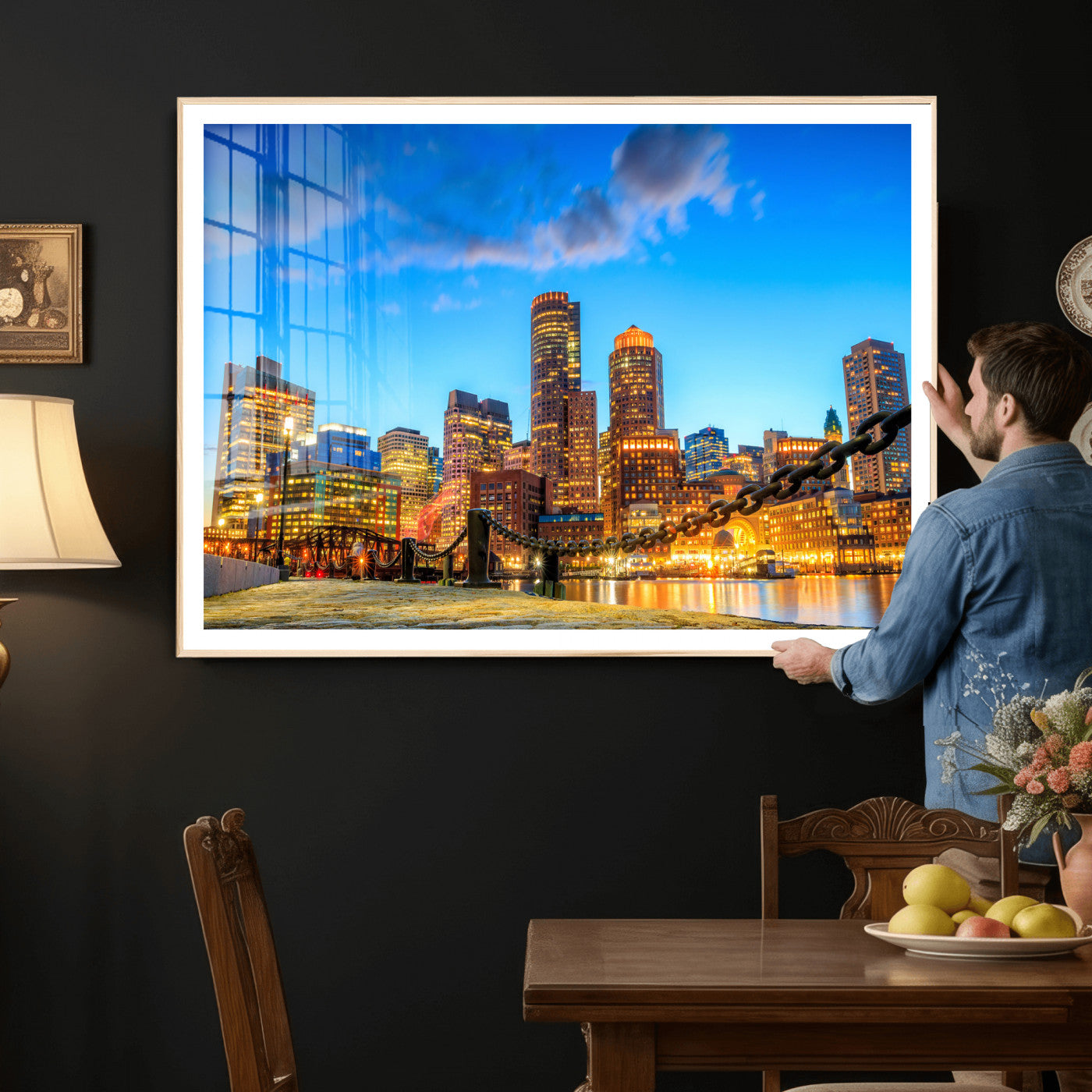 46736409-MGV-CV-36X24 - Boston Wall Art Canvas Print, Boston City Downtown Night Cityscape Print for Modern Urban Wall Decor