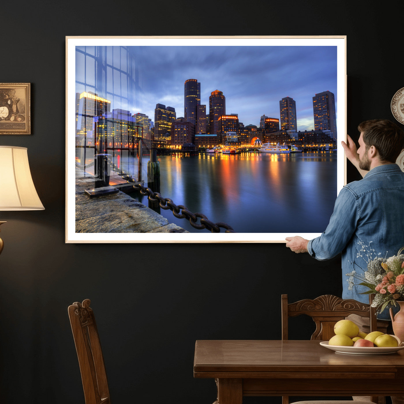 82439622-MGV-CV-36X24 - Boston Wall Art Canvas Print, Boston City Downtown Night Cityscape Print for Modern Urban Wall Decor