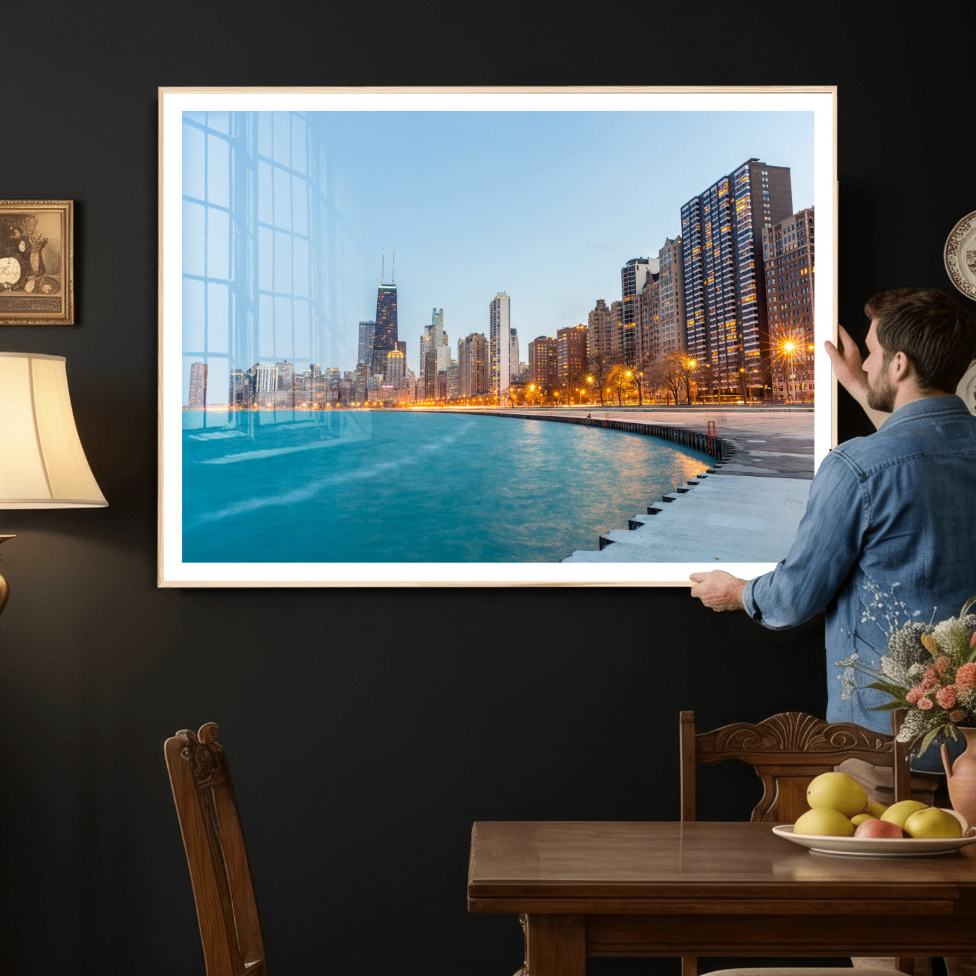 66780141-MGV-CV-36X24 - Chicago Wall Art Canvas Print, Chicago City Downtown Night Cityscape Print for Modern Urban Wall Decor