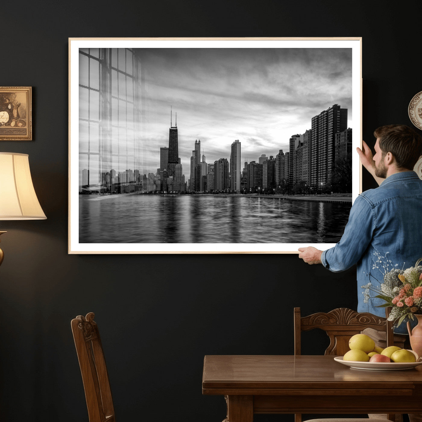 74552581-MGV-CV-36X24 - Chicago Wall Art Canvas Print, Chicago City Downtown Night Cityscape Print for Modern Urban Wall Decor