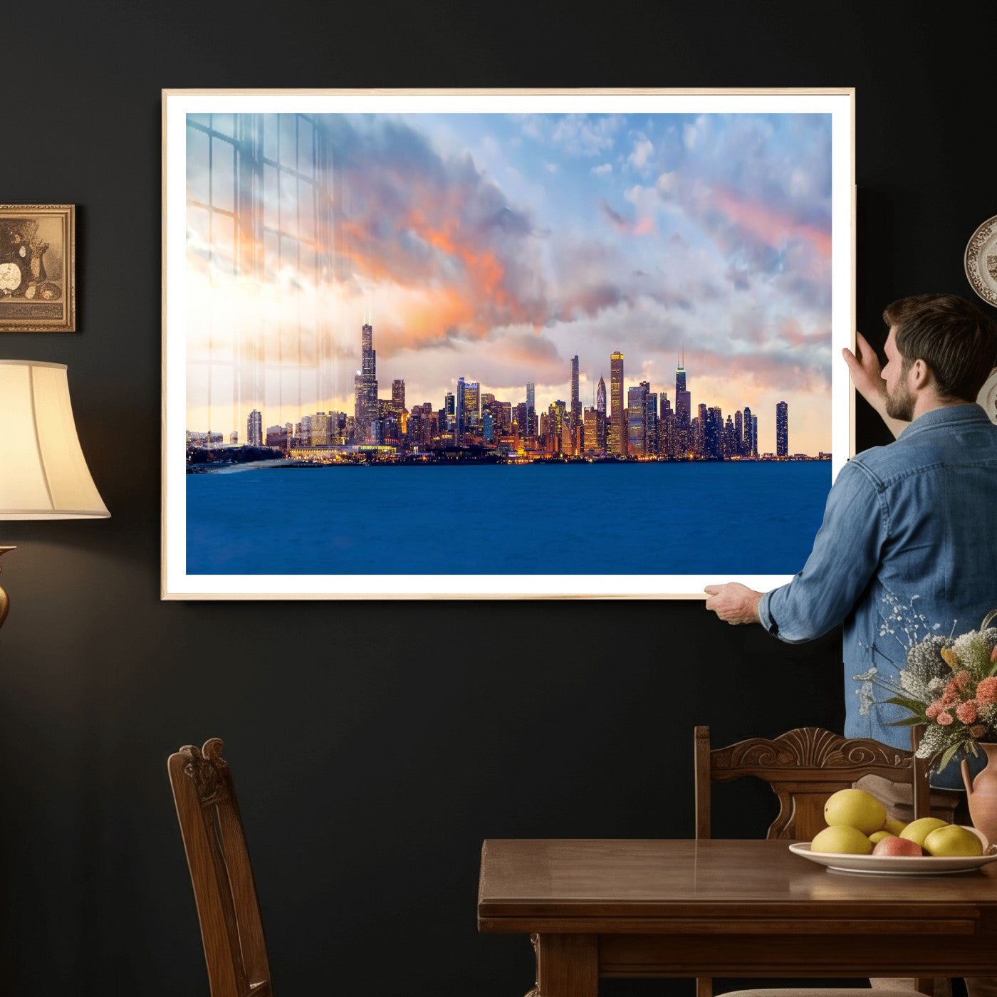 34667960-MGV-CV-36X24 - Chicago Wall Art Canvas Print, Chicago City Downtown Night Cityscape Print for Modern Urban Wall Decor