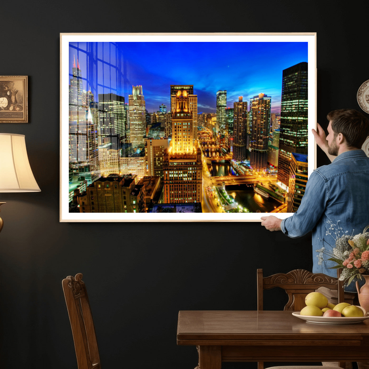 46298885-MGV-CV-36X24 - Chicago Wall Art Canvas Print, Chicago City Downtown Night Cityscape Print for Modern Urban Wall Decor