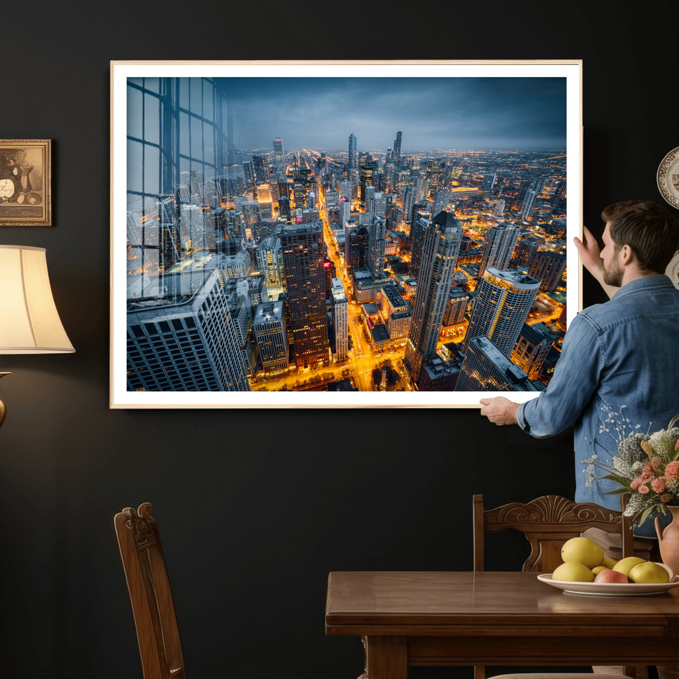 81742538-MGV-CV-36X24 - Chicago Wall Art Canvas Print, Chicago City Downtown Night Cityscape Print for Modern Urban Wall Decor