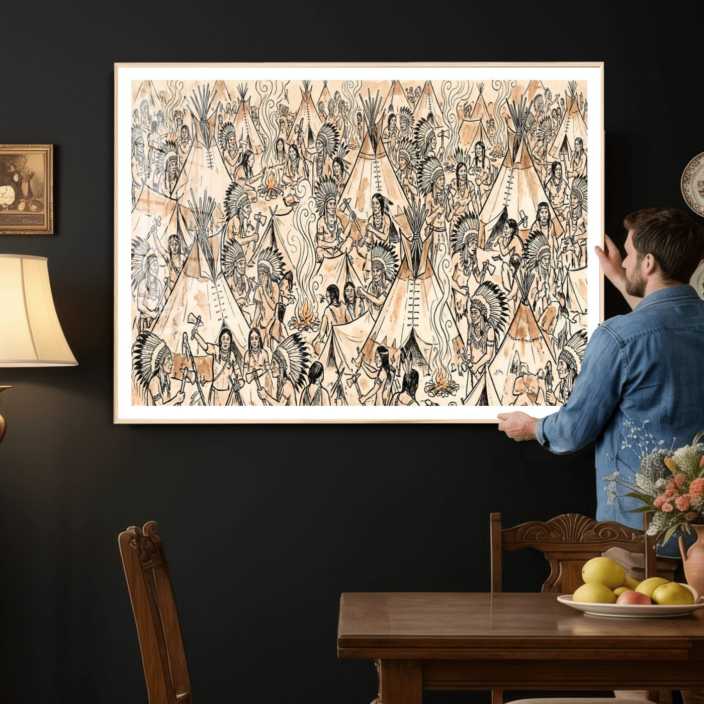 72739176-MGV-CV-36X24 - Farmhouse Animals Wall Art Canvas Print - Abstract Farm Animal Drawing Mid-Century Wall Art for Cabin Decor