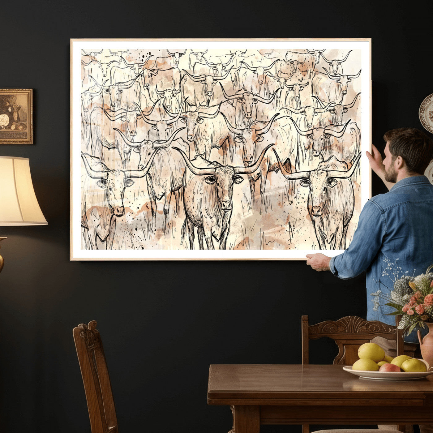94055403-MGV-CV-36X24 - Farmhouse Animals Wall Art Canvas Print - Abstract Farm Animal Drawing Mid-Century Wall Art for Cabin Decor