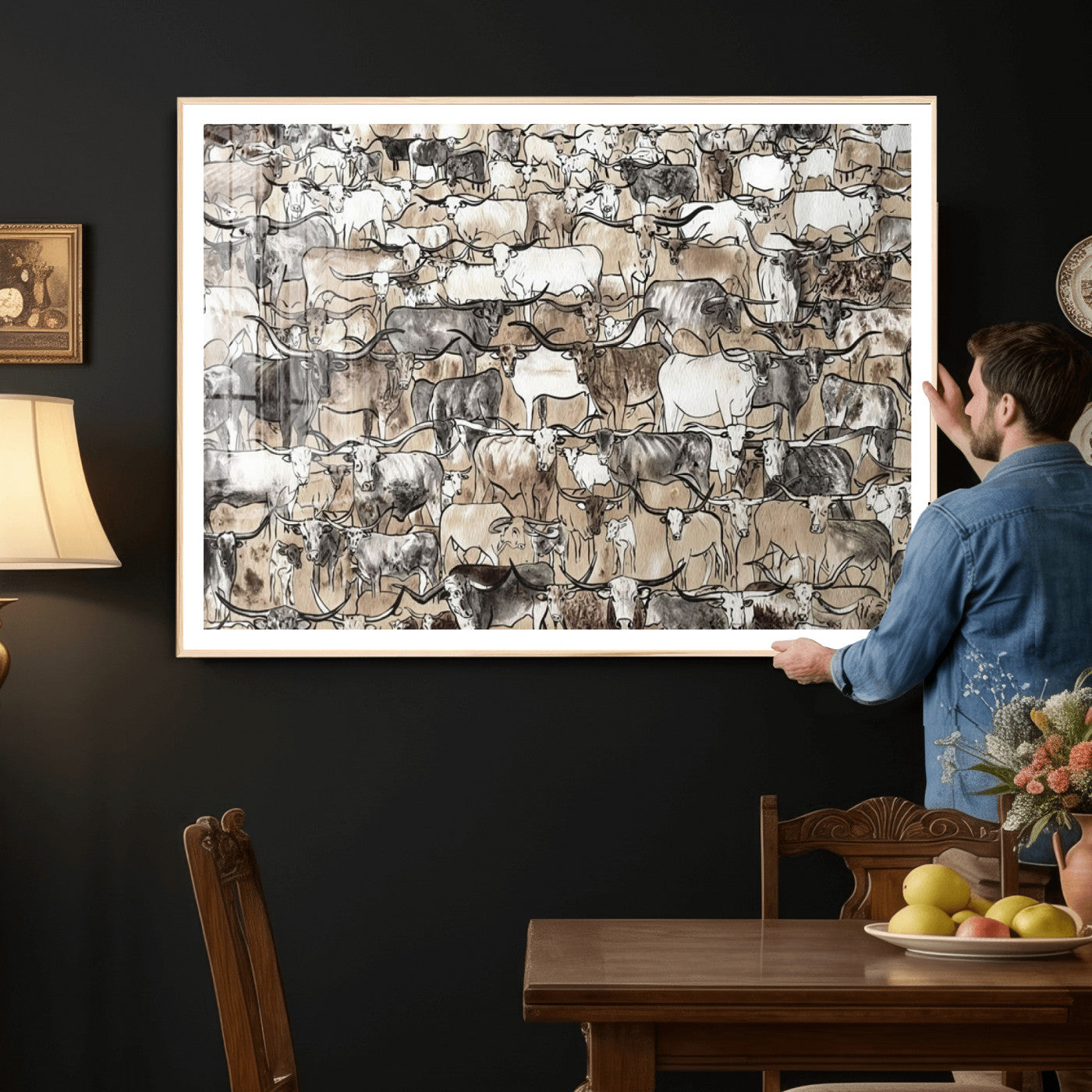 64368752-MGV-CV-36X24 - Farmhouse Animals Wall Art Canvas Print - Abstract Farm Animal Drawing Mid-Century Wall Art for Cabin Decor