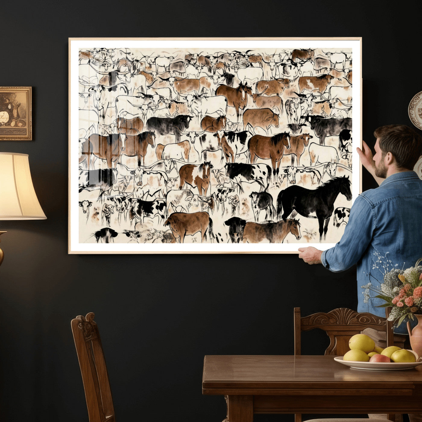 86150485-MGV-CV-36X24 - Farmhouse Animals Wall Art Canvas Print - Abstract Farm Animal Drawing Mid-Century Wall Art for Cabin Decor