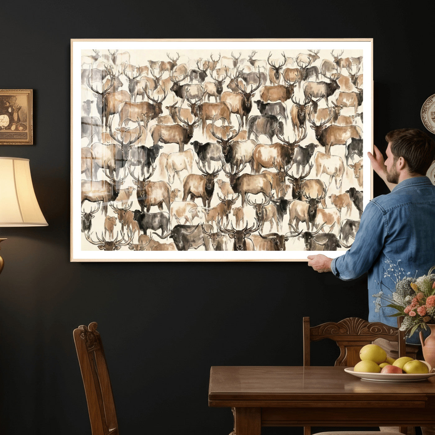 24374881-MGV-CV-36X24 - Farmhouse Animals Wall Art Canvas Print - Abstract Farm Animal Drawing Mid-Century Wall Art for Cabin Decor
