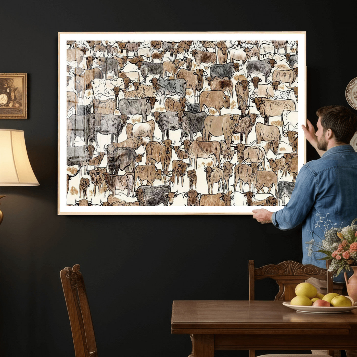 76902119-MGV-CV-36X24 - Farmhouse Animals Wall Art Canvas Print - Abstract Farm Animal Drawing Mid-Century Wall Art for Cabin Decor