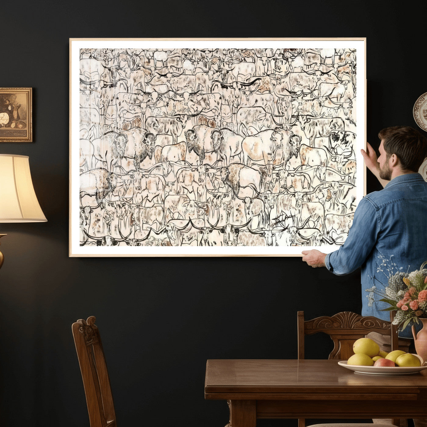 36925875-MGV-CV-36X24 - Farmhouse Animals Wall Art Canvas Print - Abstract Farm Animal Drawing Mid-Century Wall Art for Cabin Decor