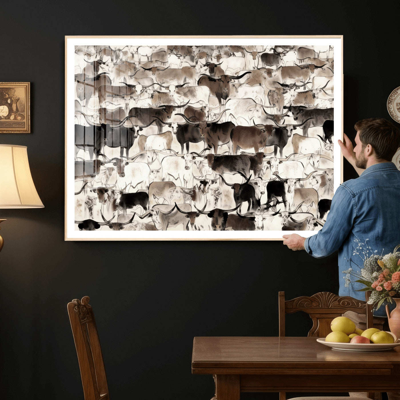 46084312-MGV-CV-36X24 - Farmhouse Animals Wall Art Canvas Print - Abstract Farm Animal Drawing Mid-Century Wall Art for Cabin Decor