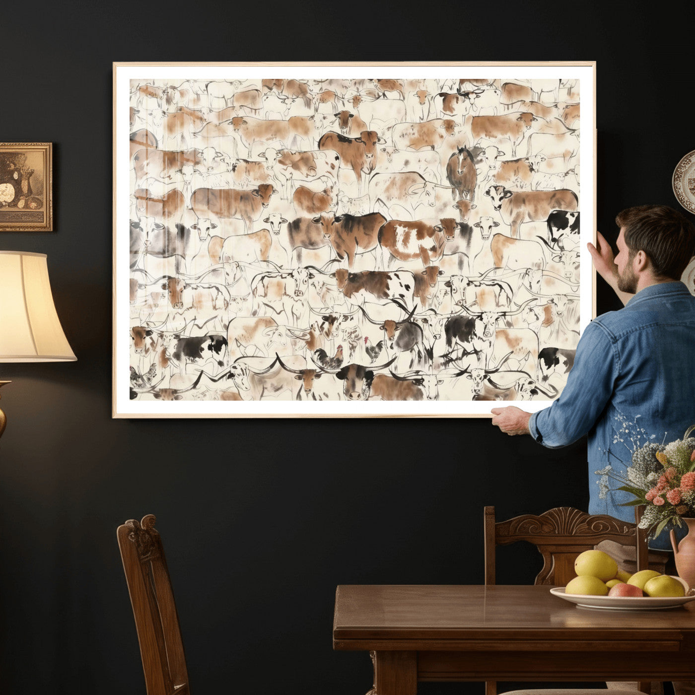 69961368-MGV-CV-36X24 - Farmhouse Animals Wall Art Canvas Print - Abstract Farm Animal Drawing Mid-Century Wall Art for Cabin Decor