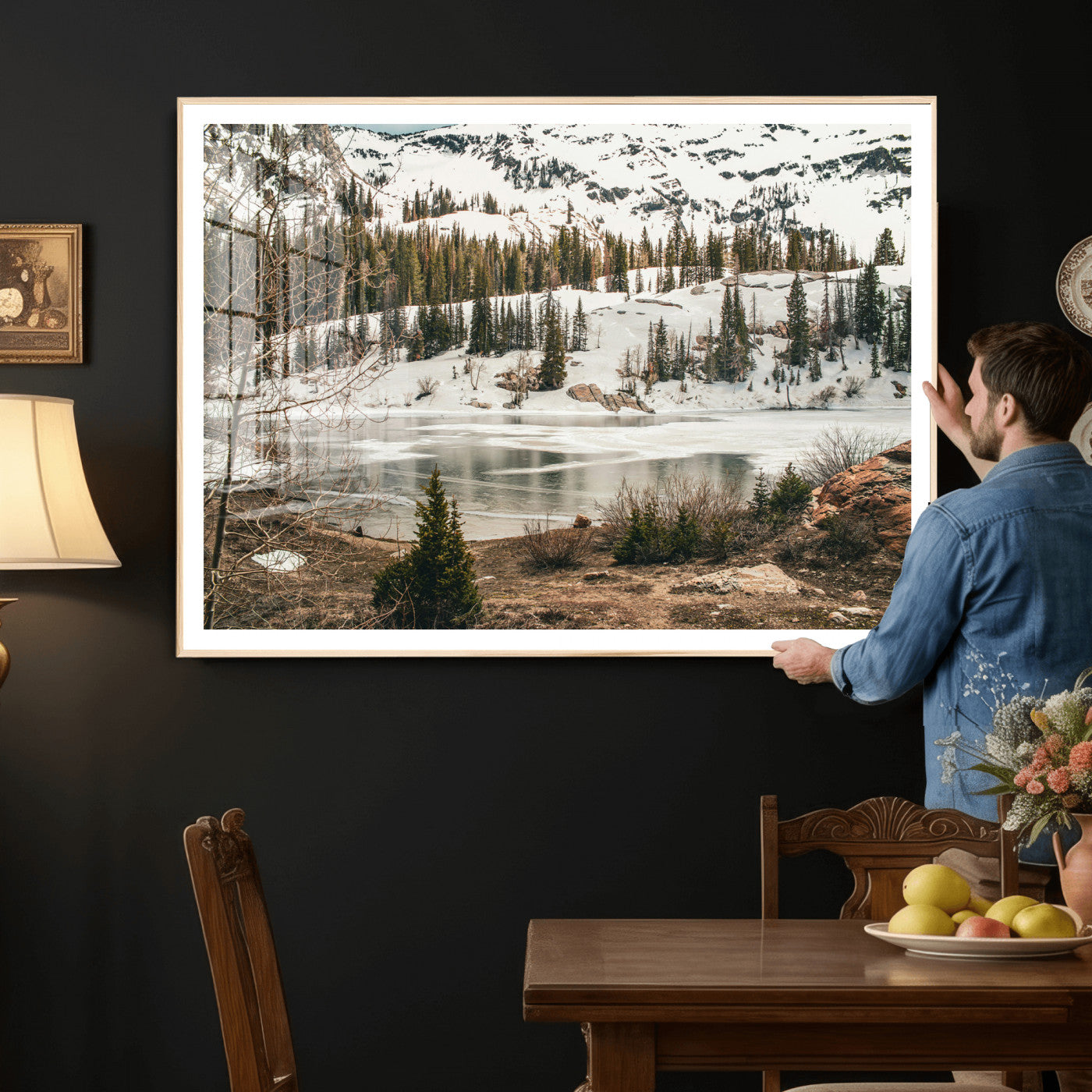 10336249-MGV-CV-36X24 - Snowy Mountain Landscape Wall Art Canvas Print, Alpine Pine Forest Winter Nature Wall Decor for Living Room and Office