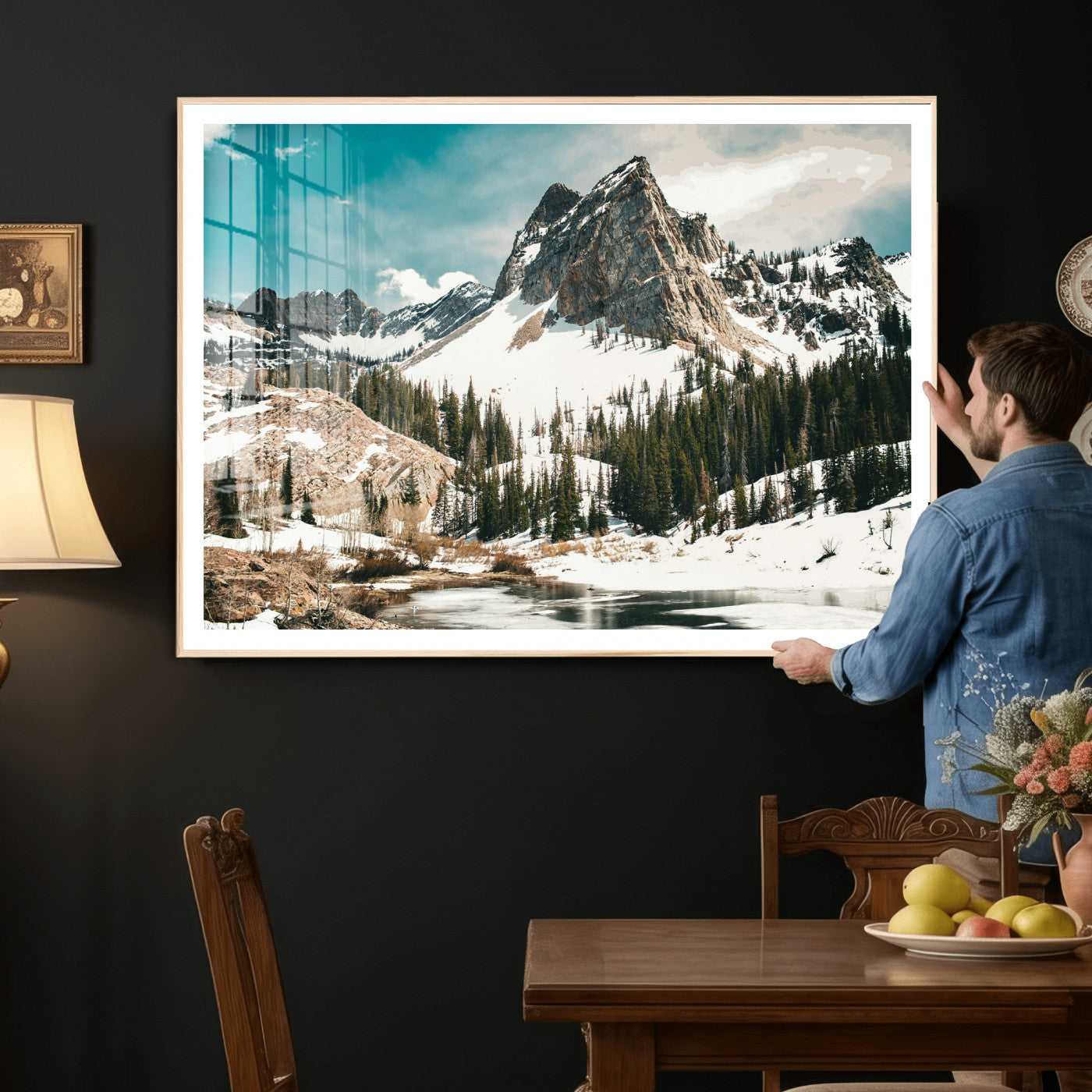 56837070-MGV-CV-36X24 - Snowy Mountain Landscape Wall Art Canvas Print, Alpine Pine Forest Winter Nature Wall Decor for Living Room and Office