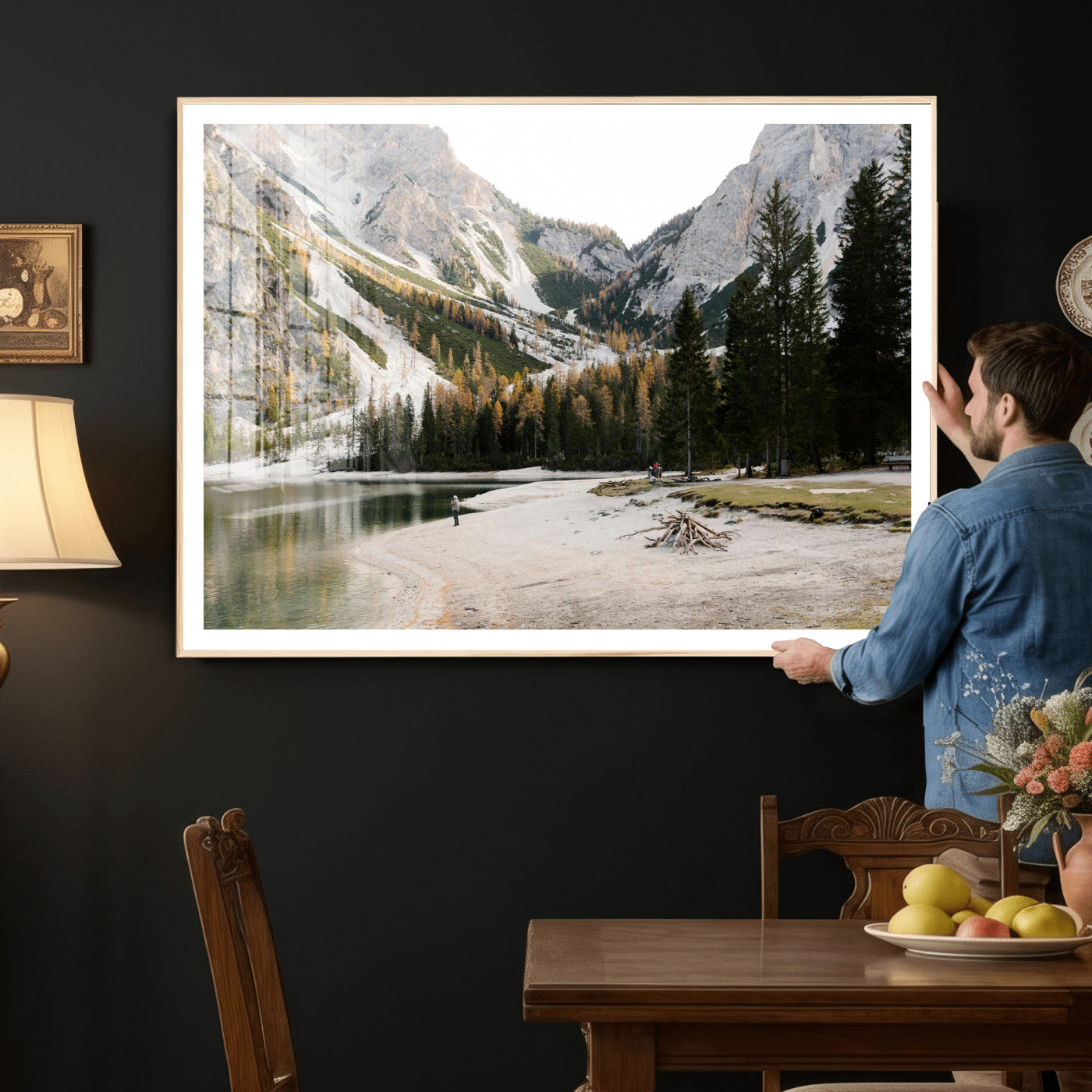 89246758-MGV-CV-36X24 - Lake Braies Alpine Landscape Wall Art Canvas Print, Dolomites Mountain Lake Forest Canvas Print, Italian Alps Scenic Nature Art Printing