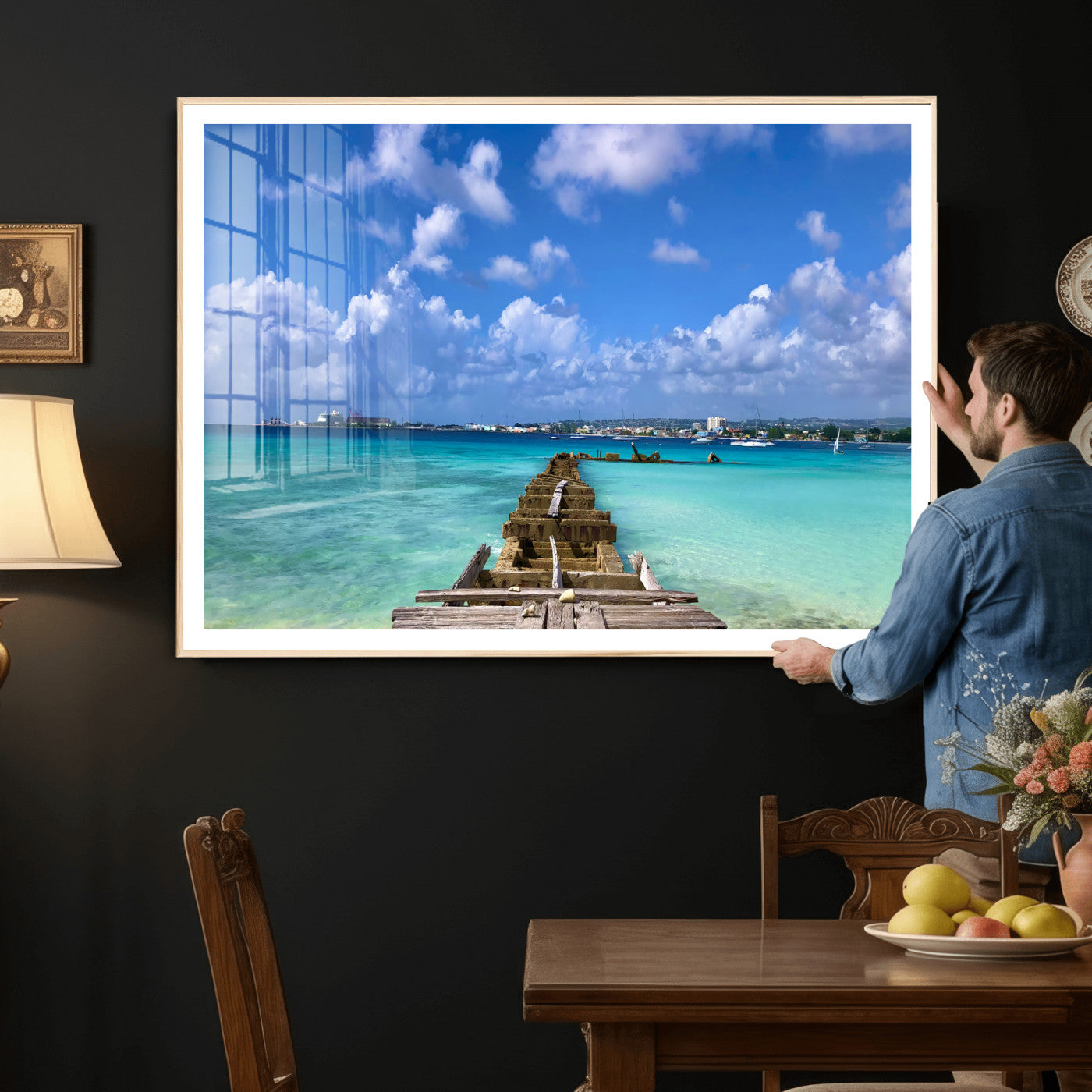 43165024-MGV-CV-36X24 - Caribbean Ocean Pier Seascape Wall Art Canvas Print, Turquoise Sea Tropical Harbor Canvas Print, Island Coastal Blue Water Scenic Art Printing