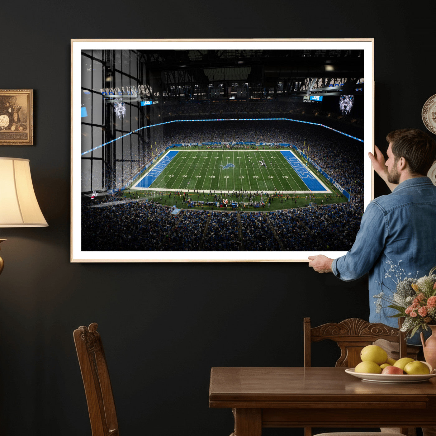 16709602-MGV-CV-36X24 - Detroit Lions Stadium Wall Art Canvas Print, Football Field Panorama Artwork, NFL Game Night Stadium Decor