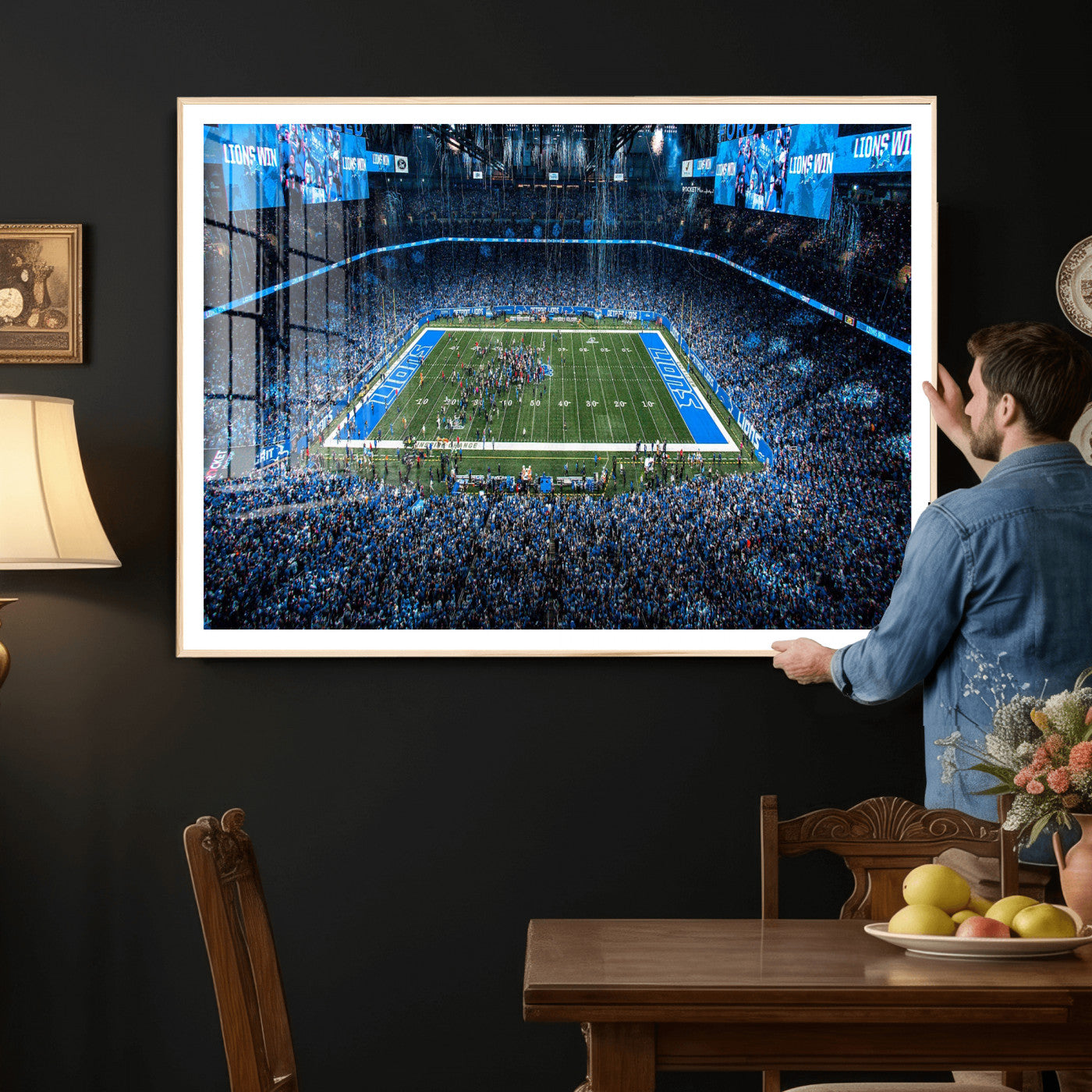 80882005-MGV-CV-36X24 - Detroit Lions Stadium Wall Art Canvas Print, Football Field Panorama Artwork, NFL Game Night Stadium Decor