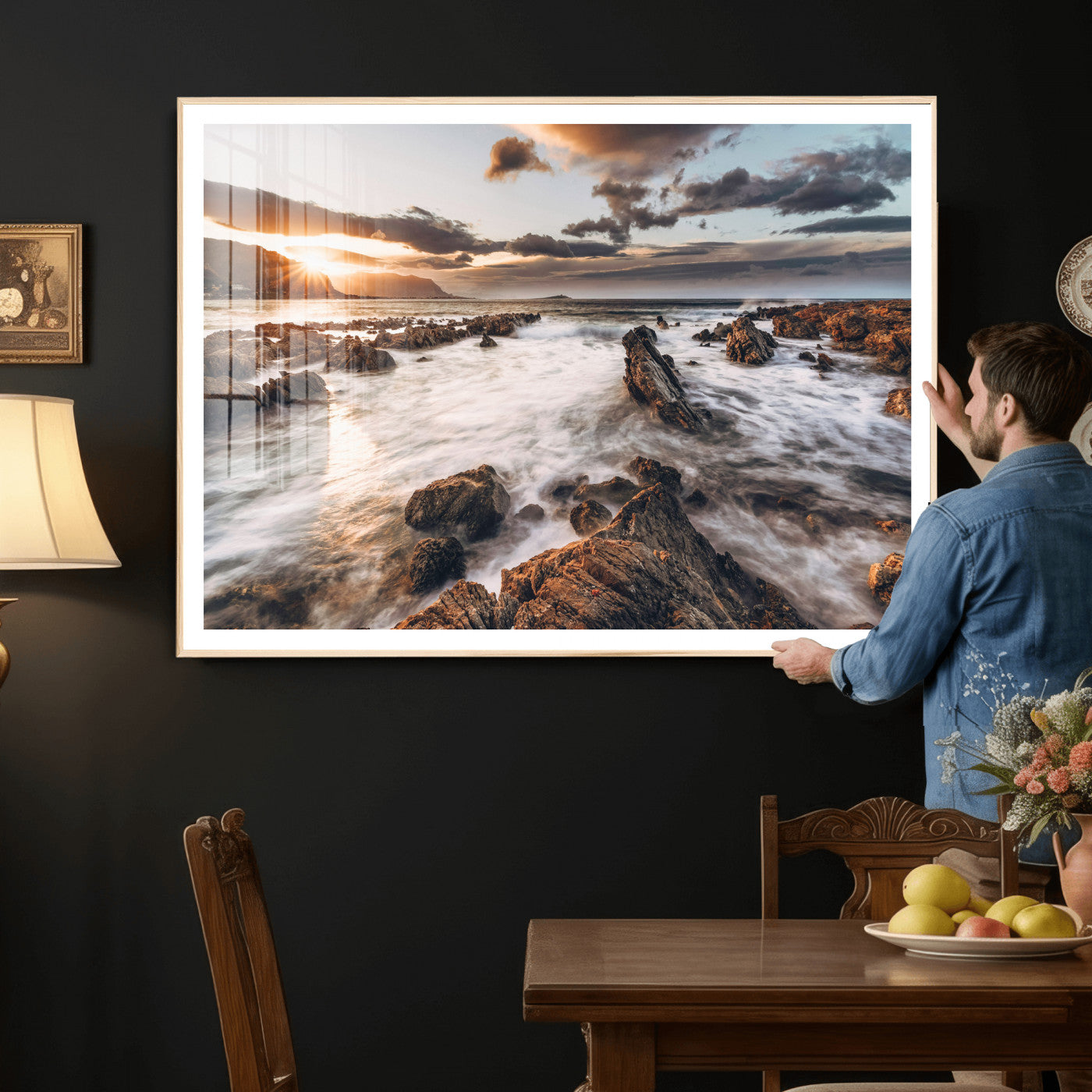 66746024-MGV-CV-36X24 - Rocky Coast Ocean Sunset Wall Art Canvas Print, Dramatic Seascape Nature Wall Decor for Living Room and Office