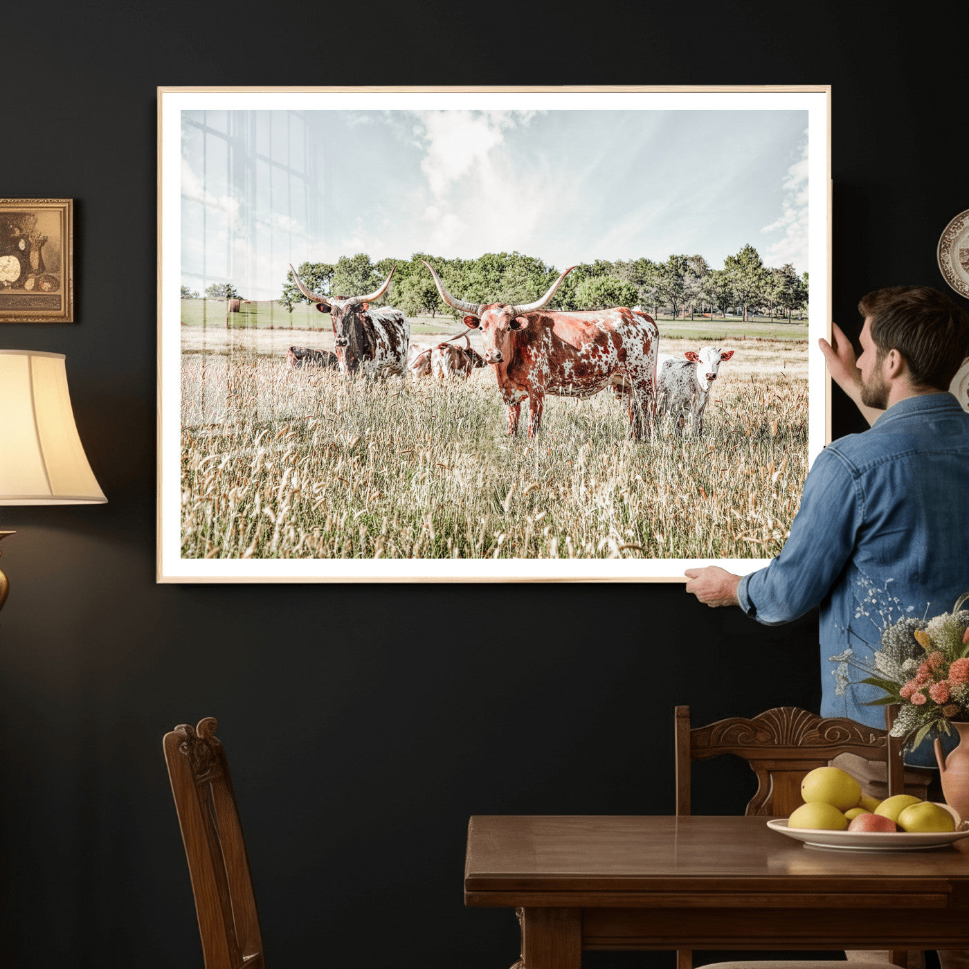33963645-MGV-CV-36X24 - Texas Longhorn Cattle Wall Art Canvas Print, Western Ranch Landscape Nature Wall Decor for Living Room and Office