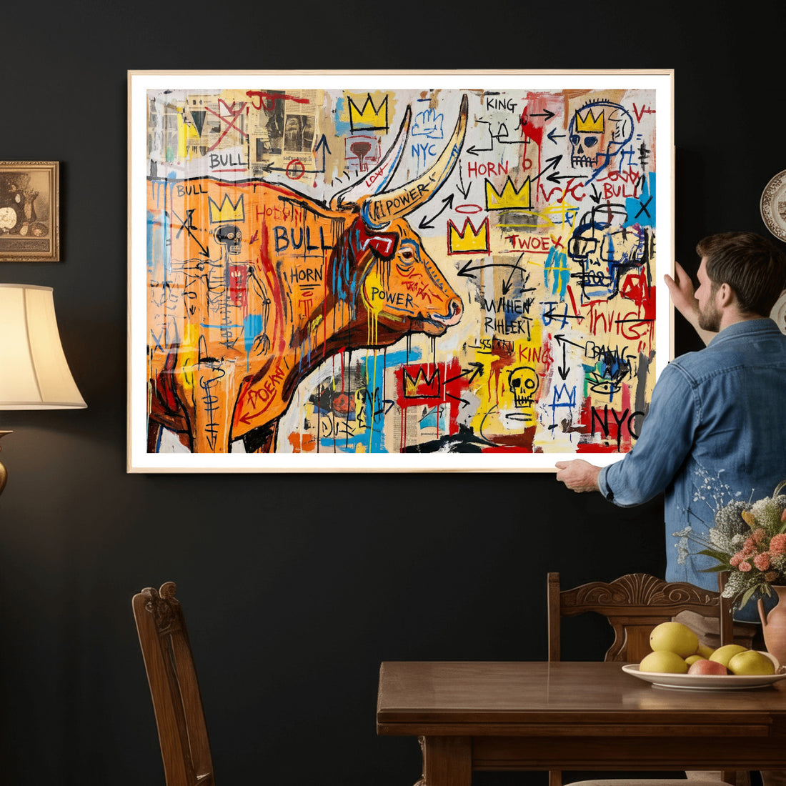 Basquiat Style Bull Graffiti Wall Art Canvas Print, Street Art Decor