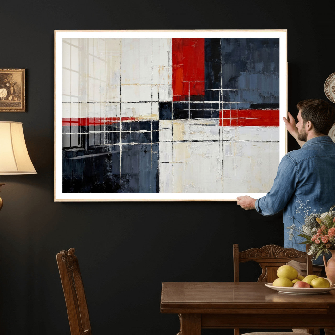 44088165-MGV-CV-36X24 - Navy Red Abstract Wall Art Canvas Print, Modern Luxury Geometric Painting Wall Decor for Living Room and Office
