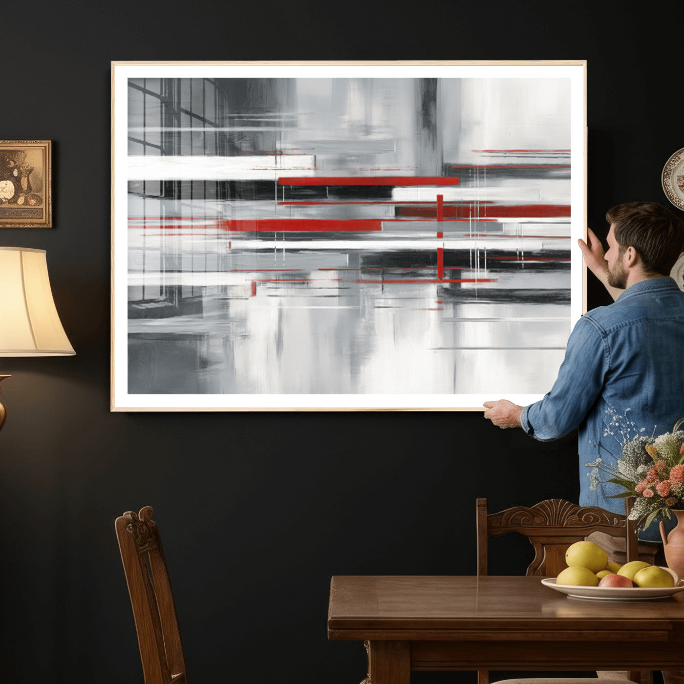 62640681-MGV-CV-36X24 - Gray Red Abstract Wall Art Canvas Print, Modern Abstract Canvas Wall Decor for Contemporary Living Room and Office