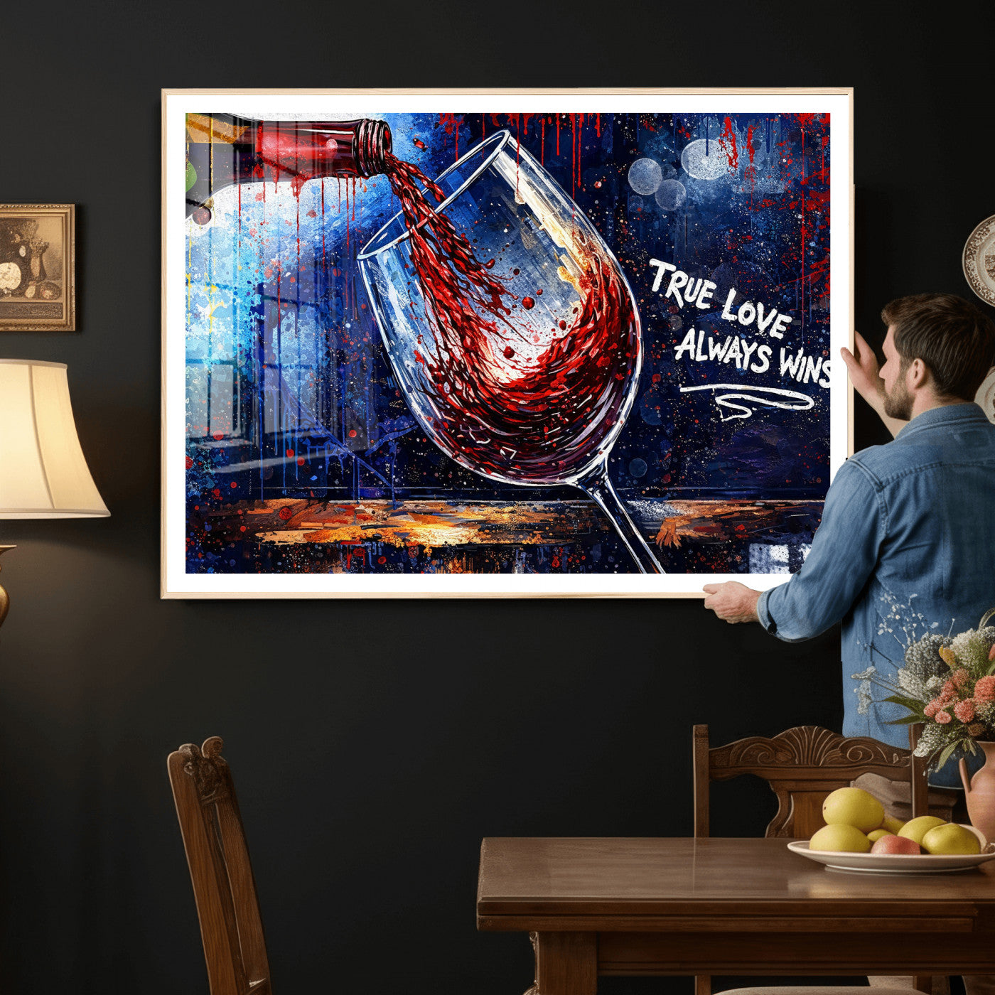 88788932-MGV-CV-36X24 - Red Wine Splash Abstract Wall Art Canvas Print, Modern Wine Glass Painting Canvas Print, Romantic Quote Contemporary Bar Art Print