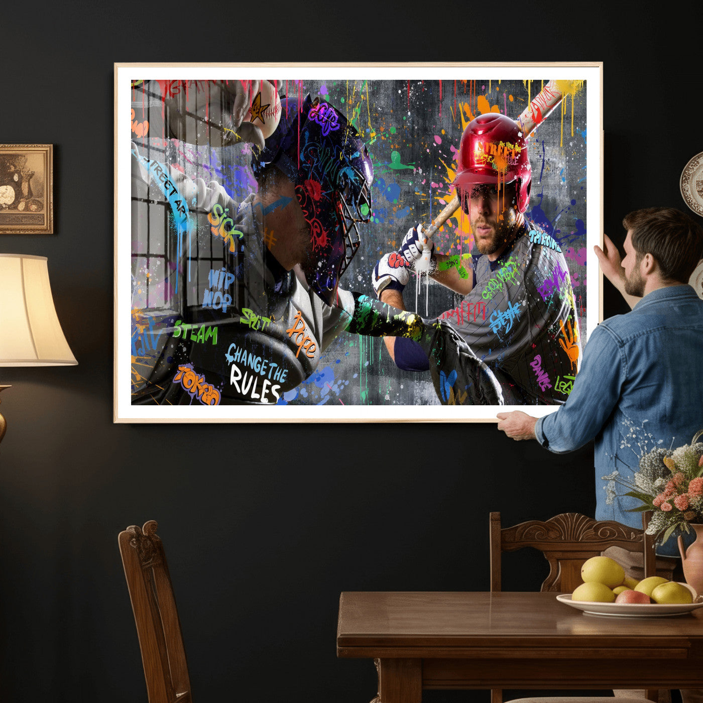 19634994-MGV-CV-36X24 - Graffiti Baseball Player Street Art Wall Art Canvas Print, Urban Sports Pop Art Baseball Canvas Print, Modern Athletic Graffiti Contemporary Art Printing